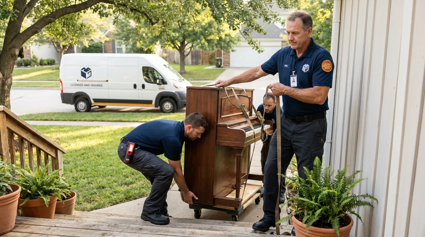 Licensed piano movers securing grand piano in Altadena, CA