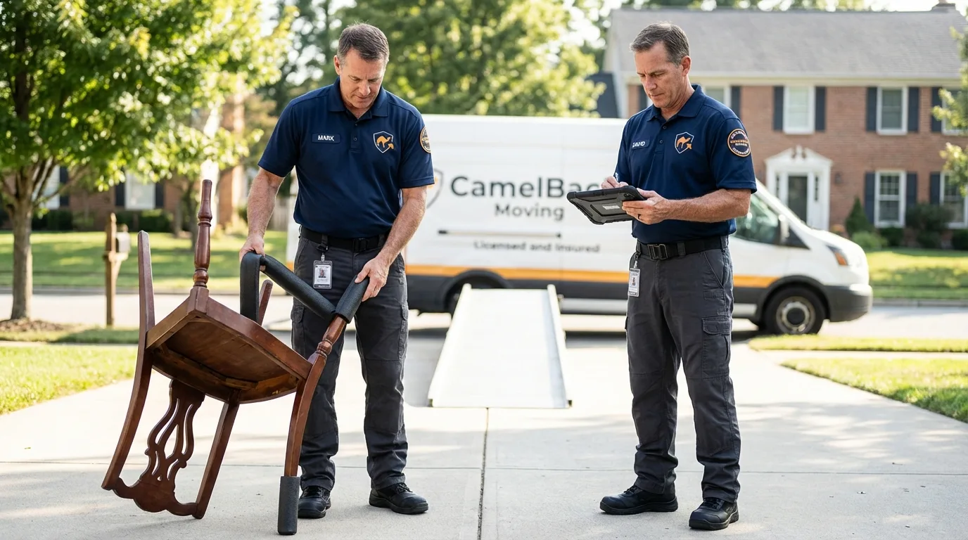 Movers inspecting furniture for damage prevention before loading in Altadena, CA